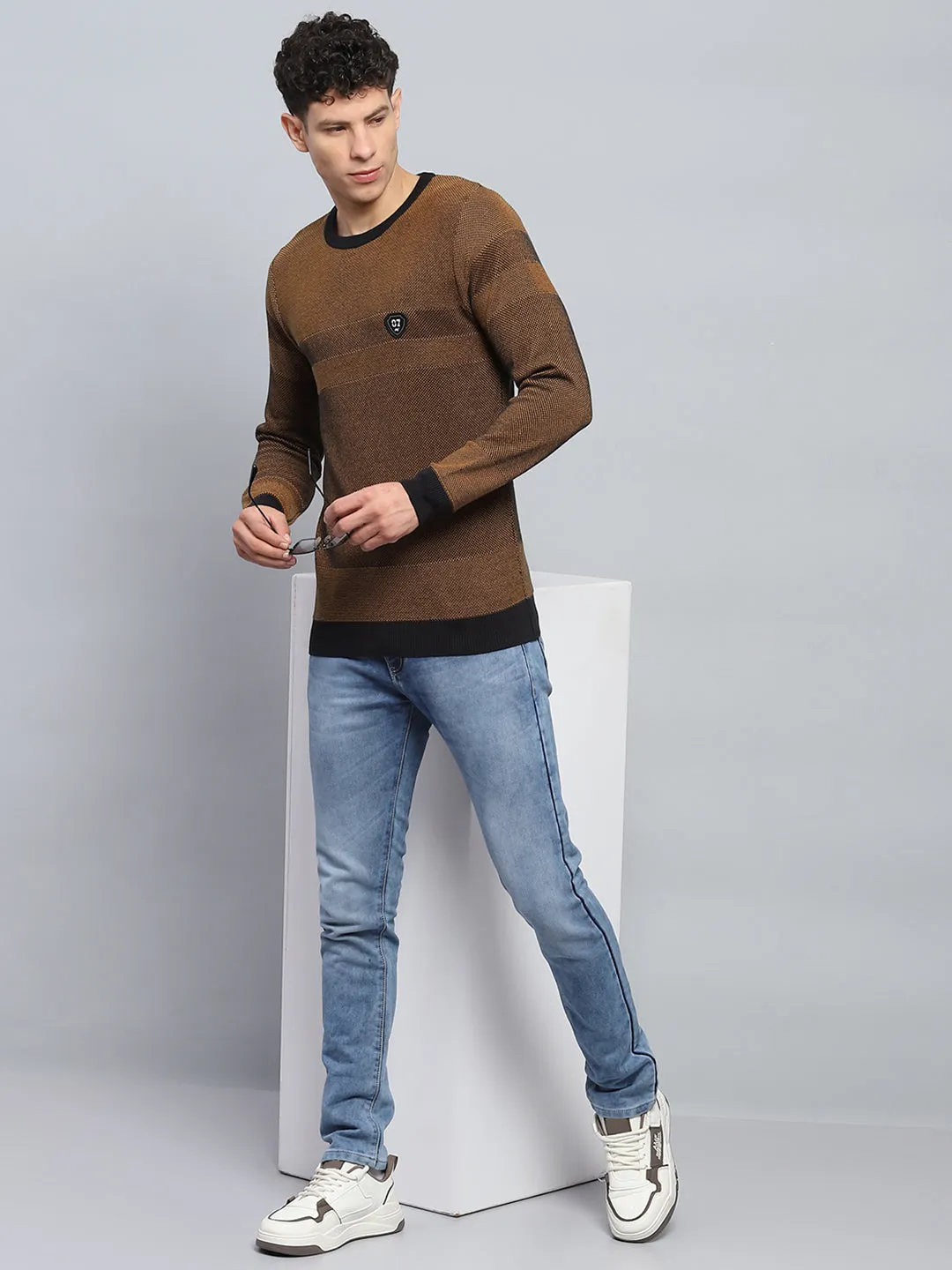 Men Brown Self Design Round Neck Full Sleeve Pullover