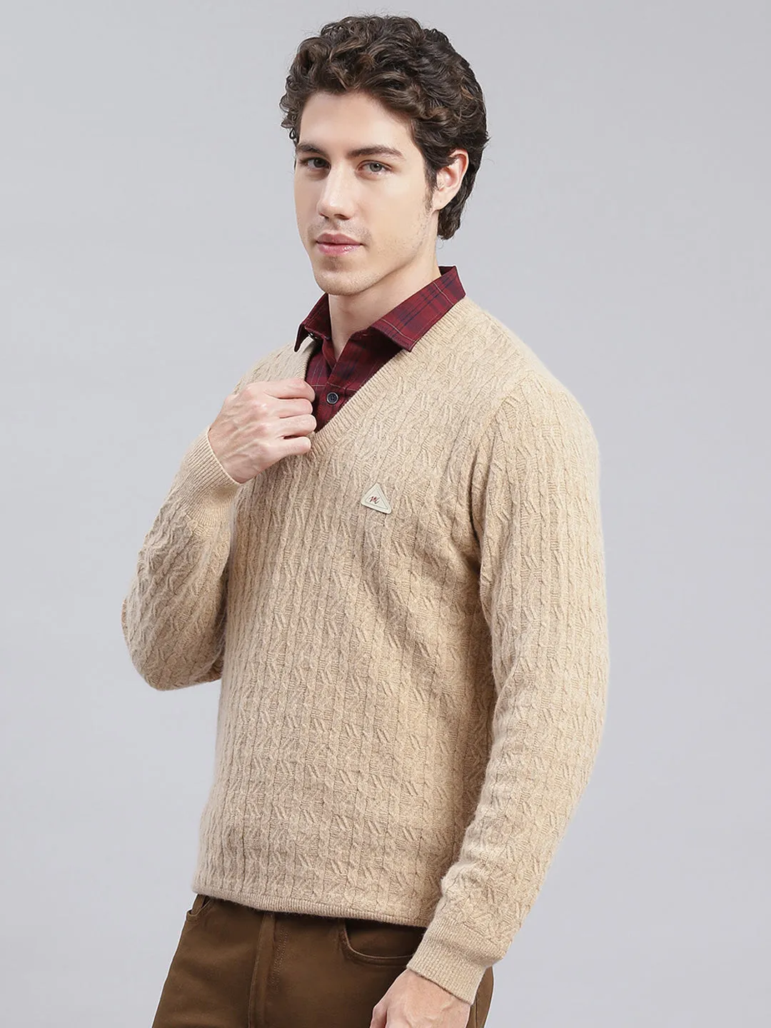 Men Camel Brown Self Design Lamb wool Pullover