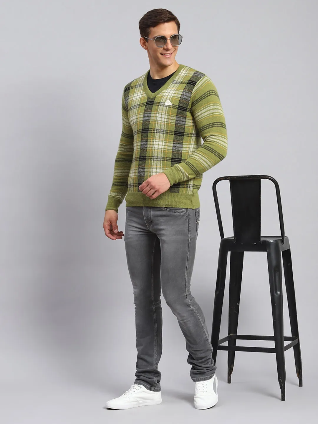 Men Green Printed Lamb wool Pullover