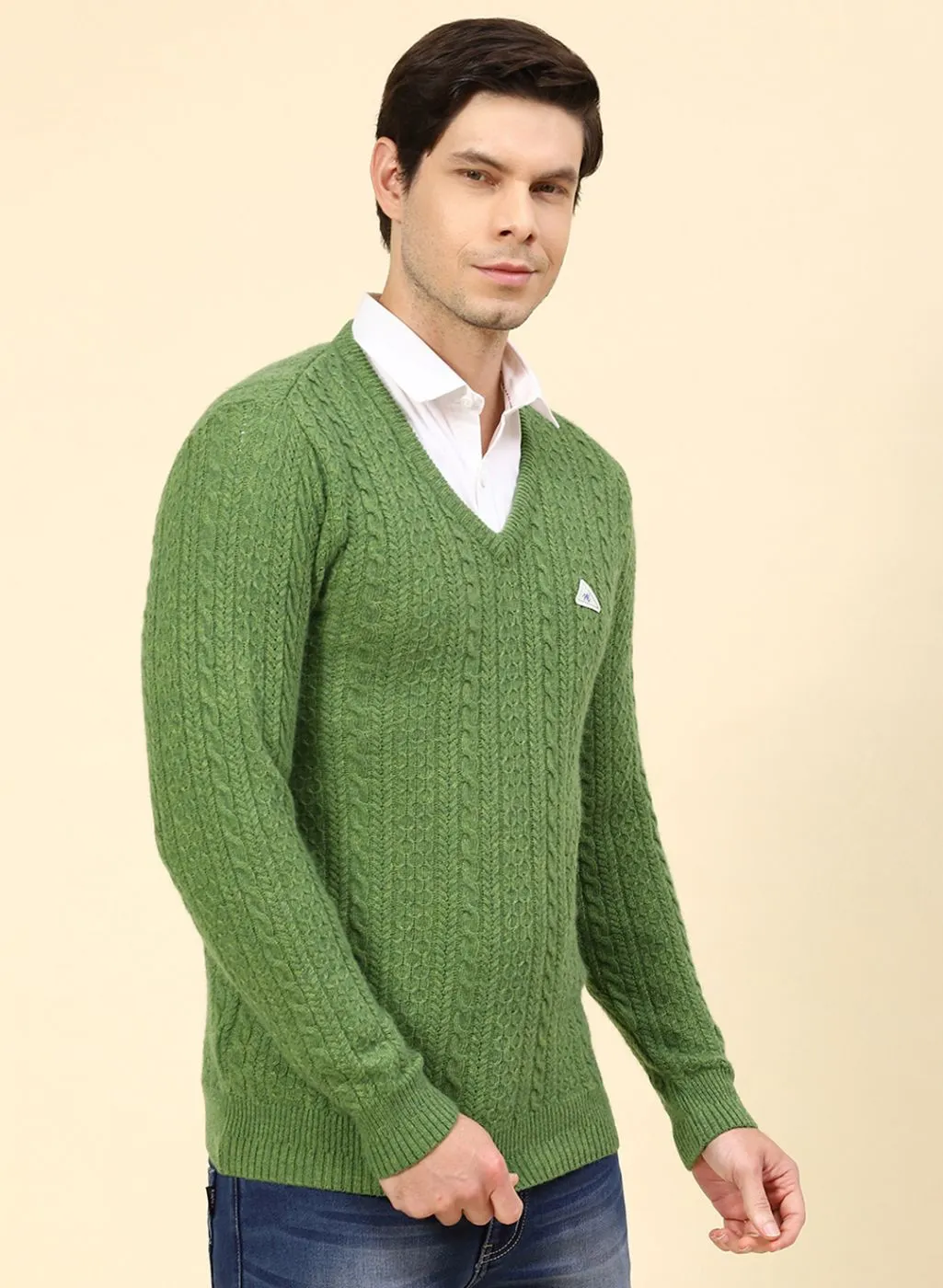 Men Green Self Design Lamb wool Pullover