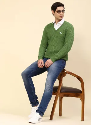 Men Green Self Design Lamb wool Pullover