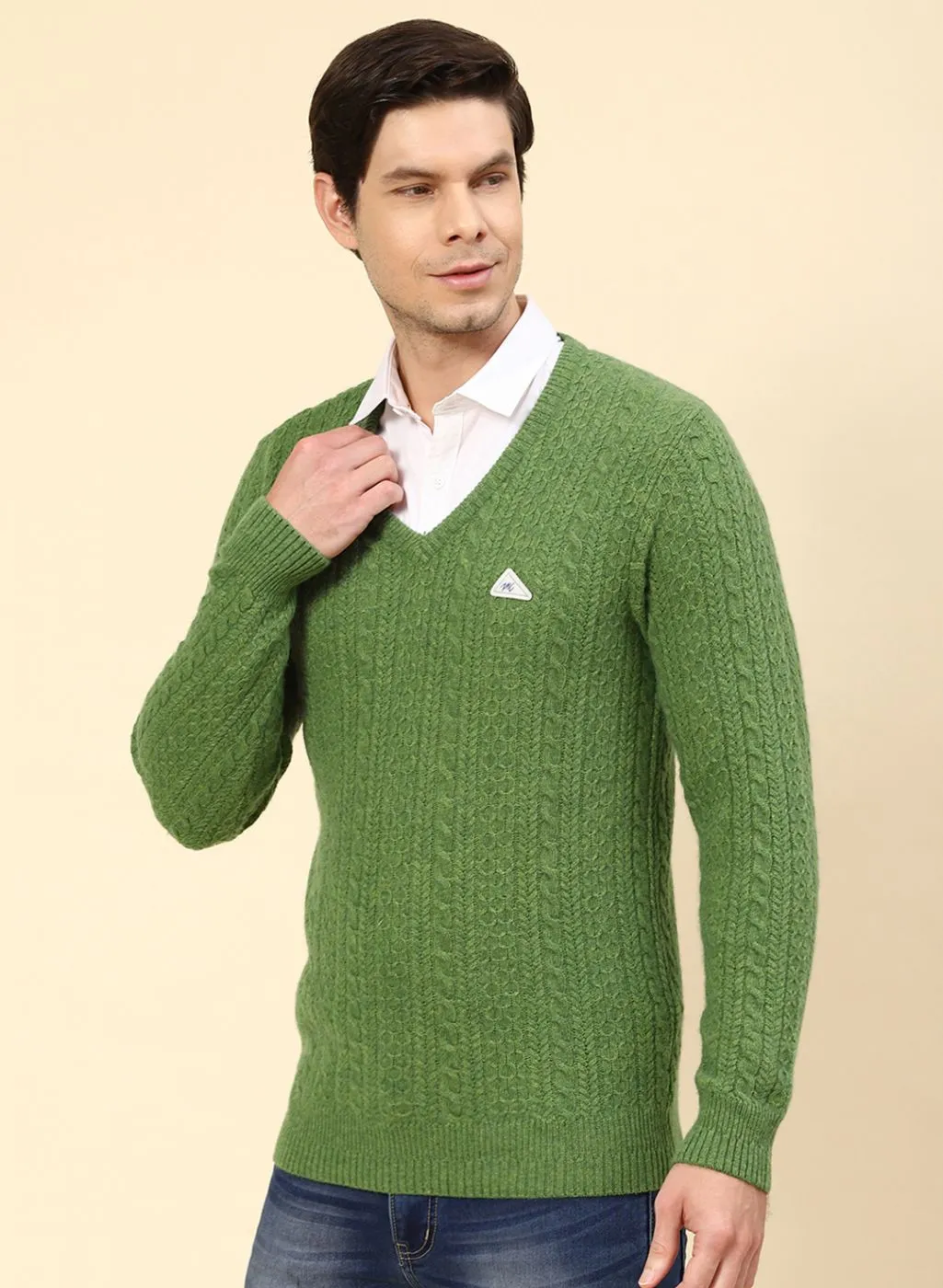 Men Green Self Design Lamb wool Pullover