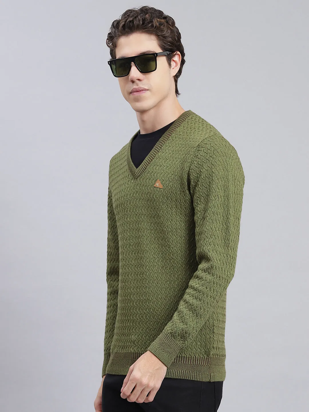 Men Green Self Design Pure wool Pullover