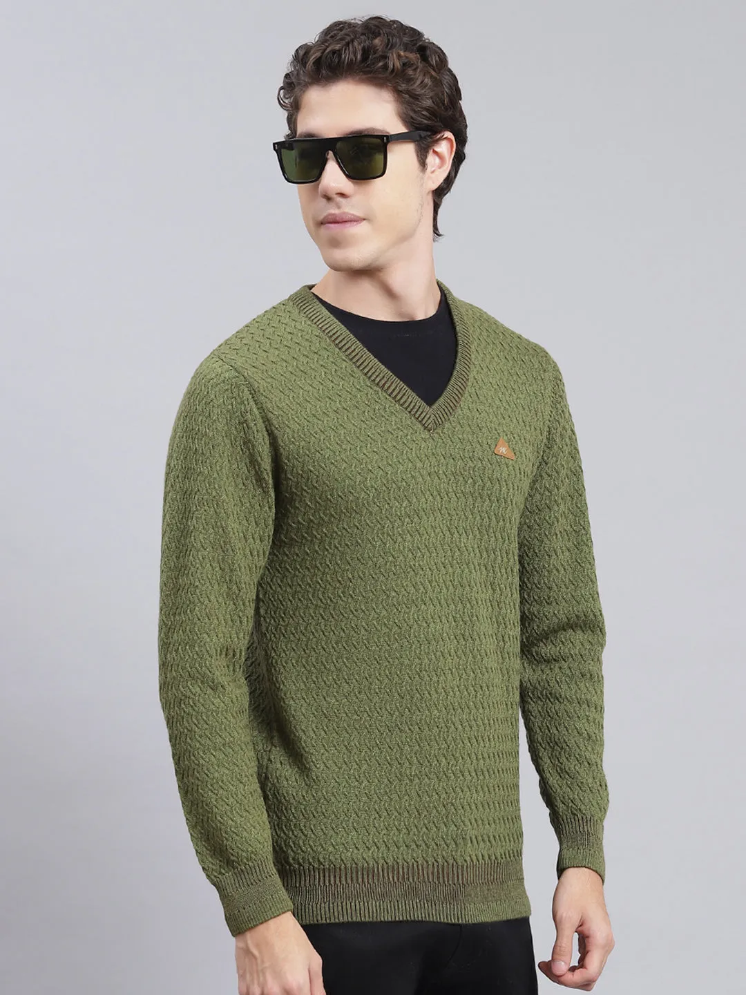 Men Green Self Design Pure wool Pullover