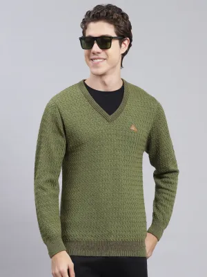 Men Green Self Design Pure wool Pullover