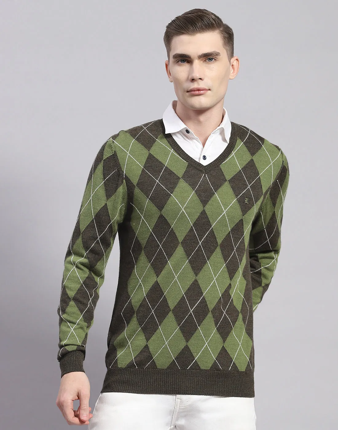 Men Green Self Design V Neck Full Sleeve Pullover