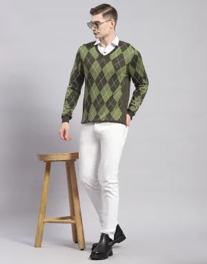 Men Green Self Design V Neck Full Sleeve Pullover