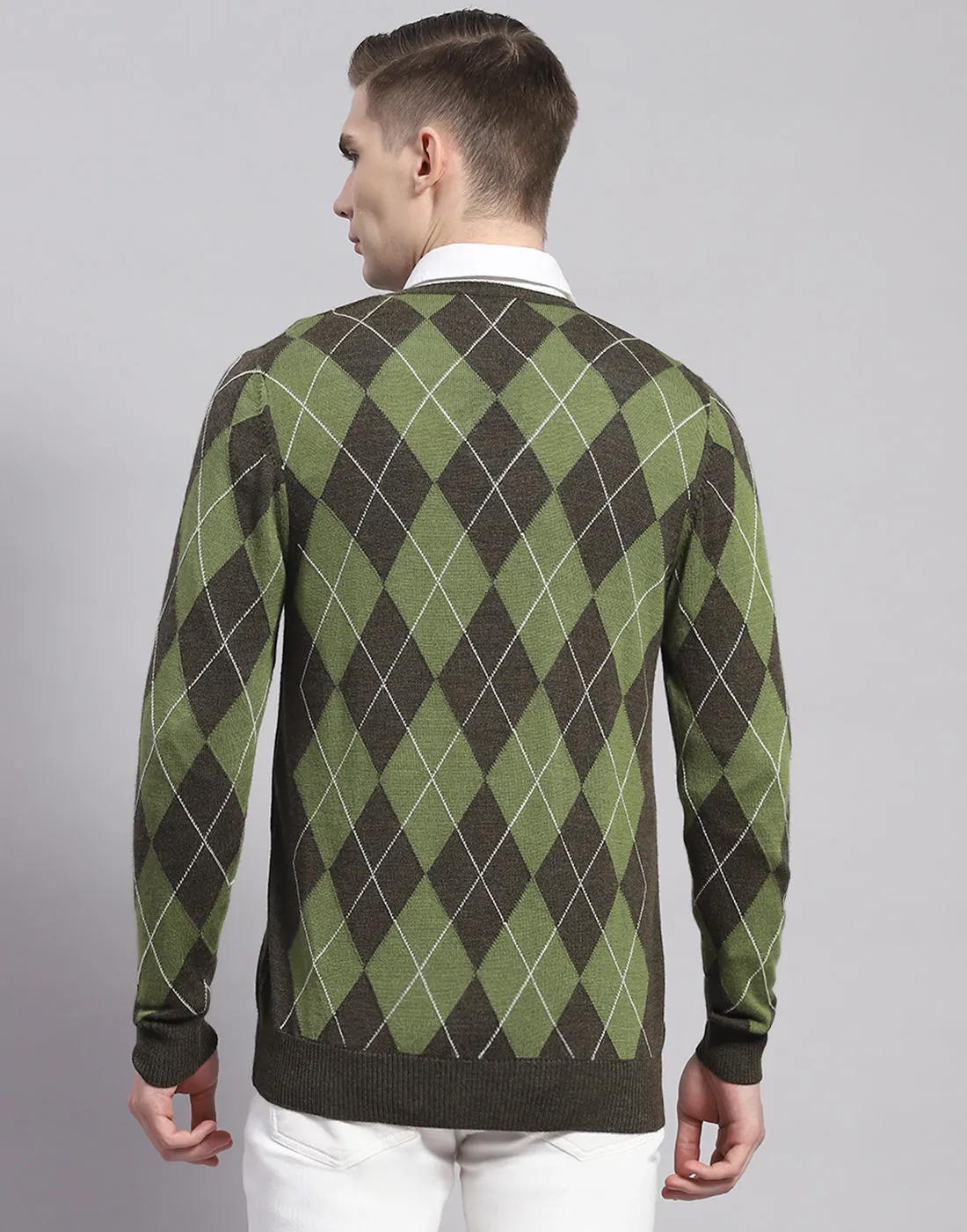 Men Green Self Design V Neck Full Sleeve Pullover