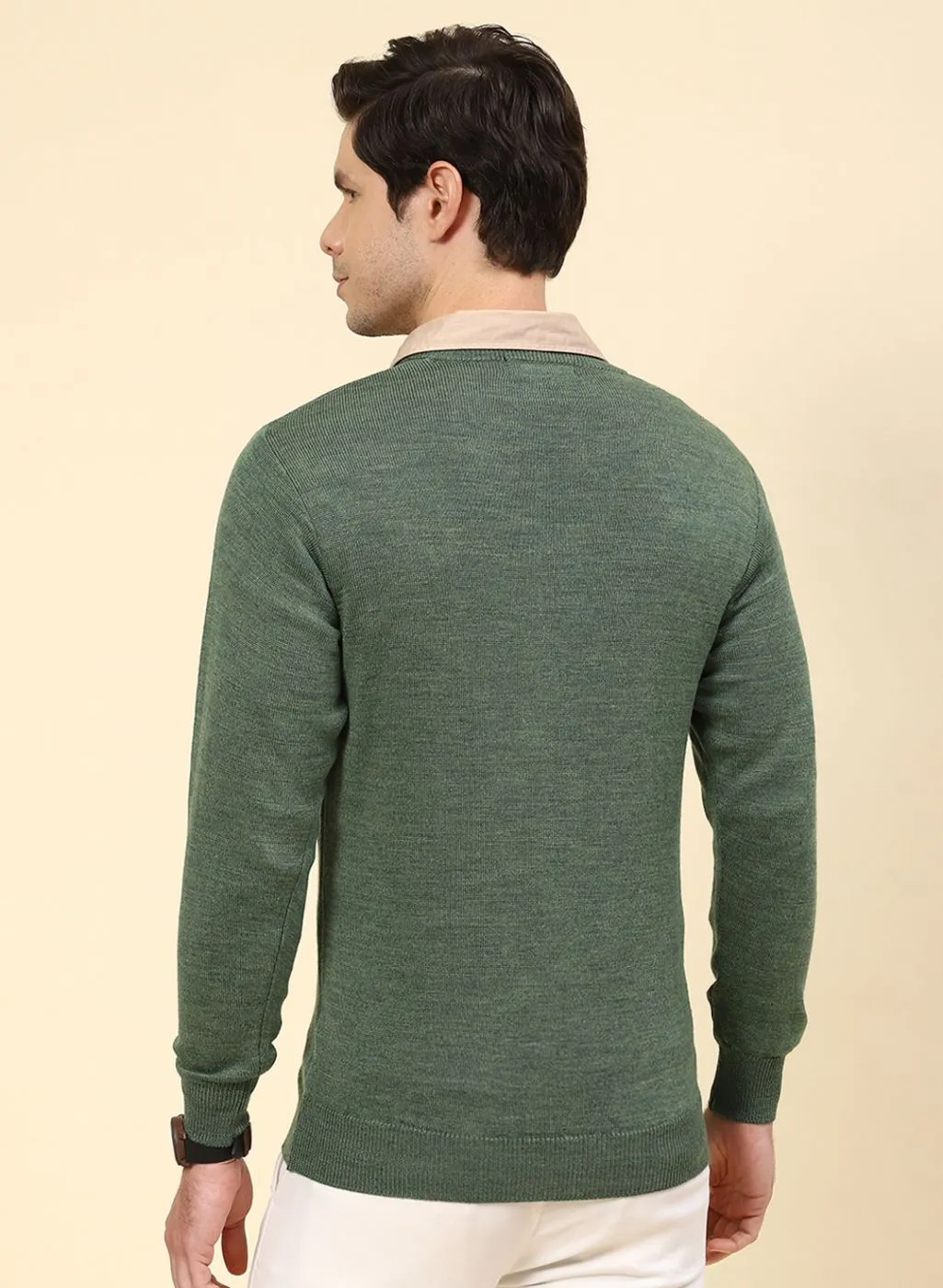 Men Green Solid Pure wool Pullover