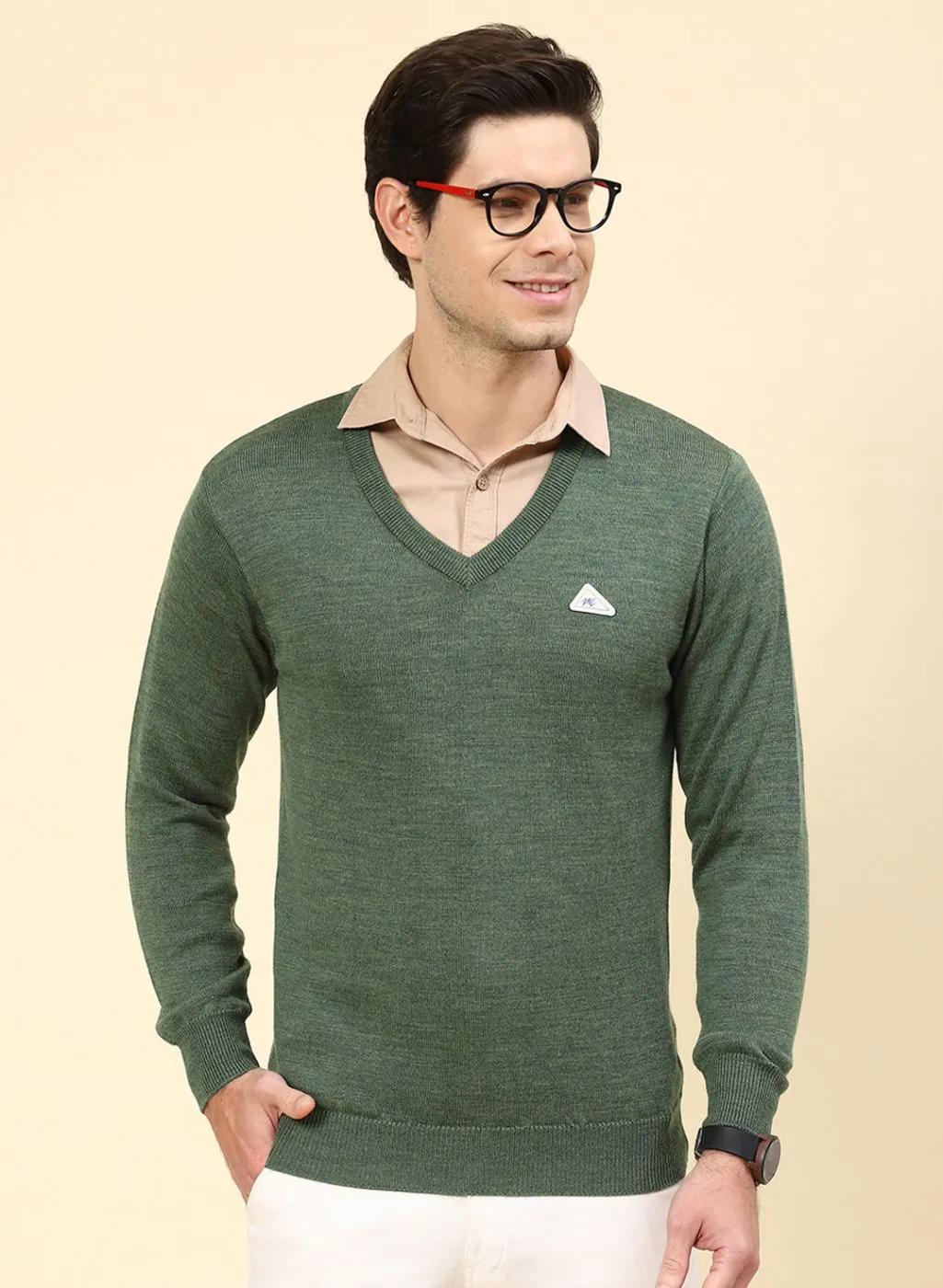 Men Green Solid Pure wool Pullover