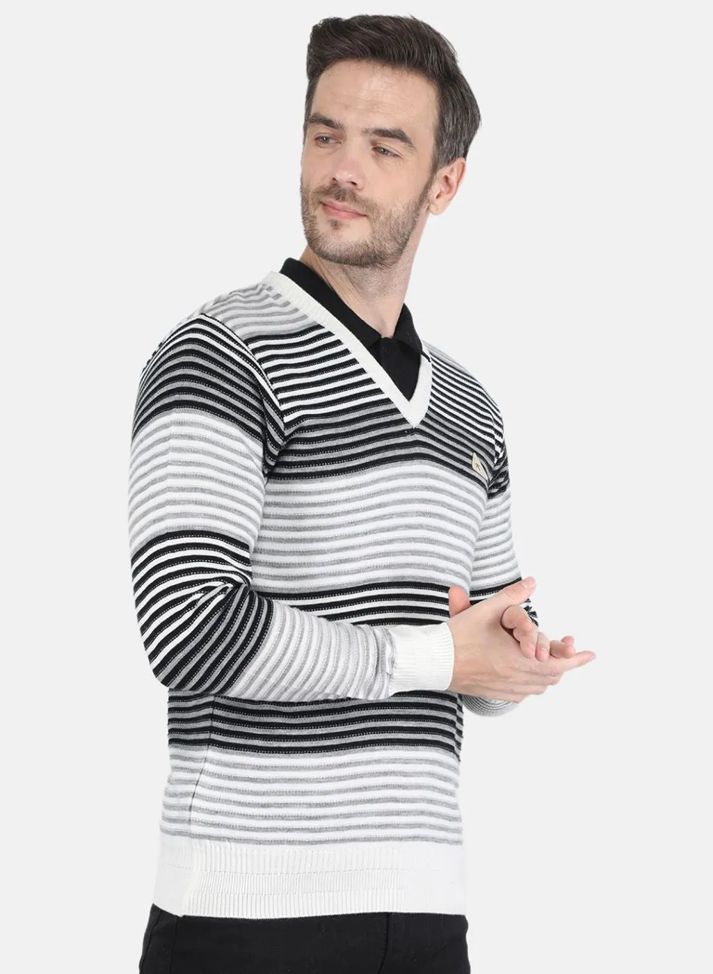 Men Grey & Black Stripe Pullover