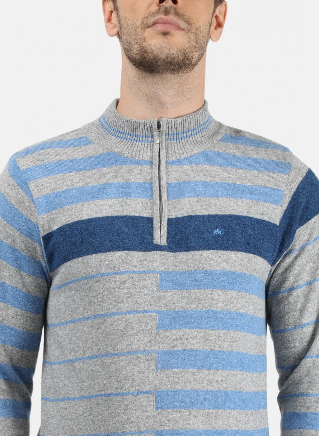 Men Grey & Blue Solid Pullover