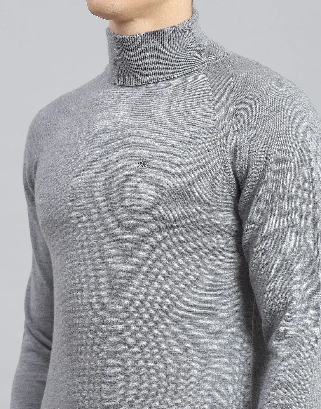 Men Grey Melange Solid High Neck Full Sleeve Pullover