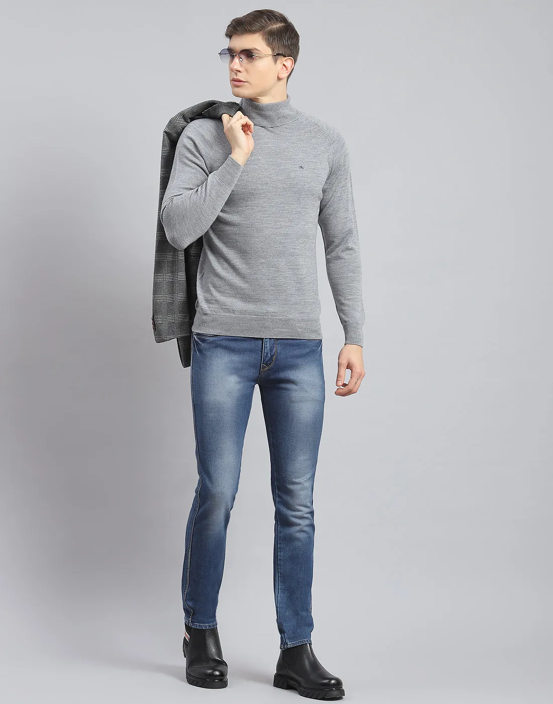 Men Grey Melange Solid High Neck Full Sleeve Pullover