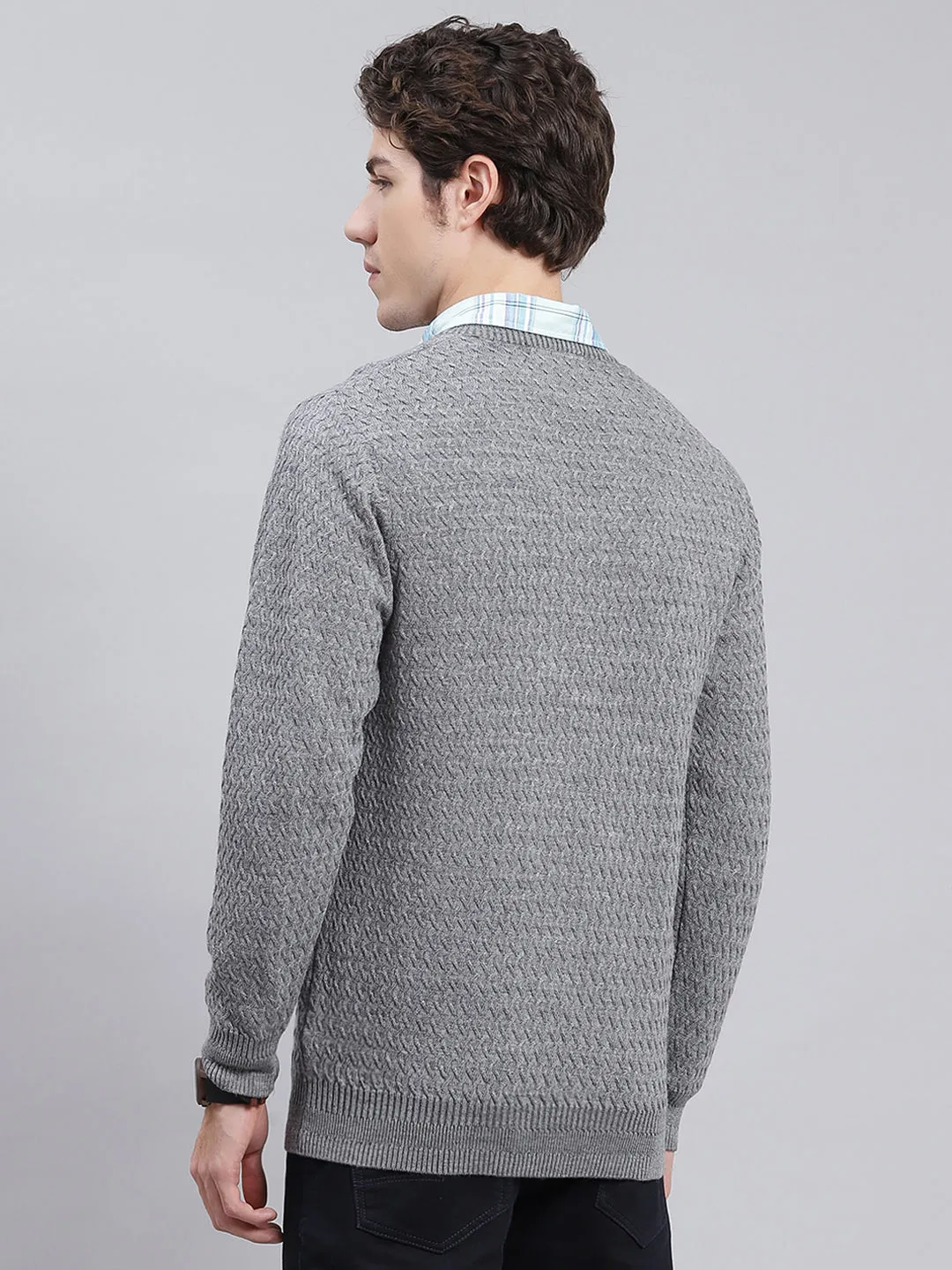 Men Grey Self Design Pure wool Pullover