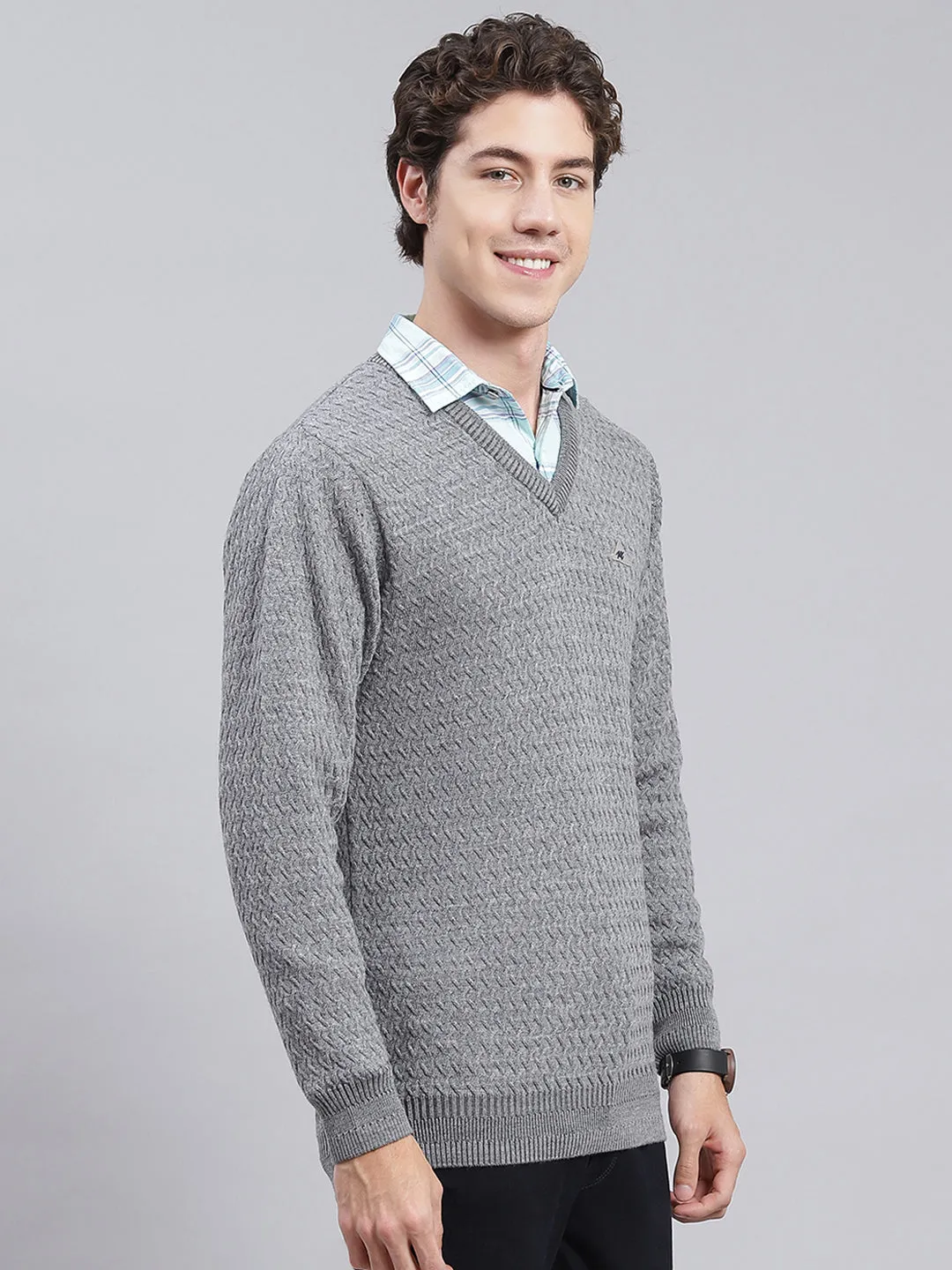 Men Grey Self Design Pure wool Pullover