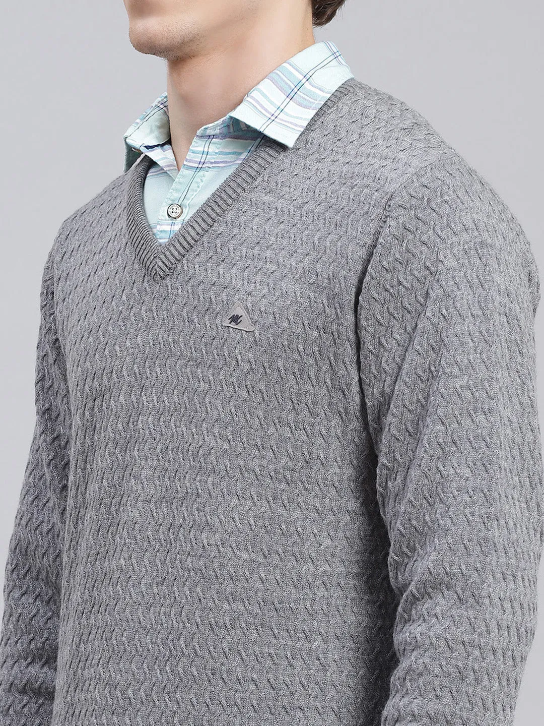 Men Grey Self Design Pure wool Pullover