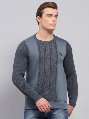 Men Grey Self Design Round Neck Full Sleeve Pullover