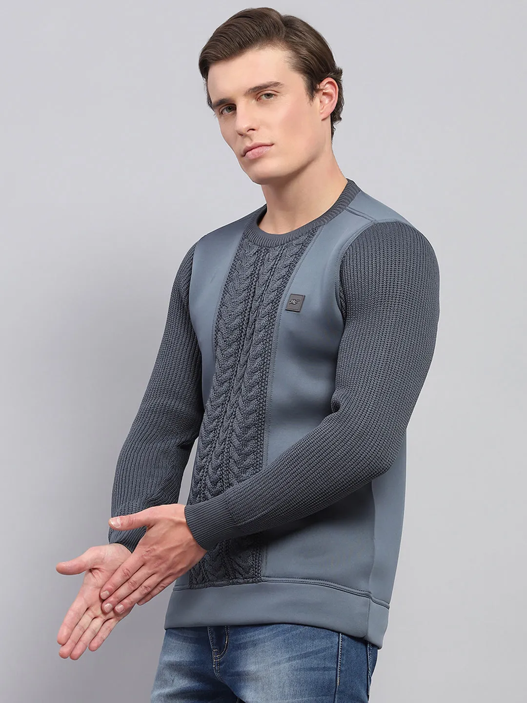 Men Grey Self Design Round Neck Full Sleeve Pullover