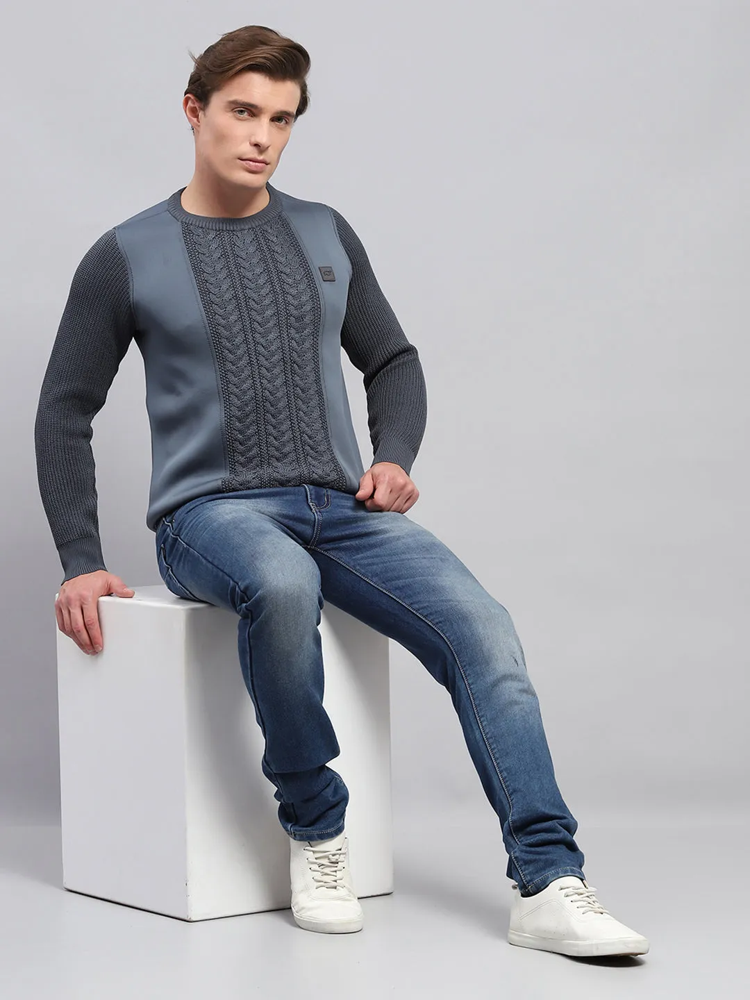 Men Grey Self Design Round Neck Full Sleeve Pullover