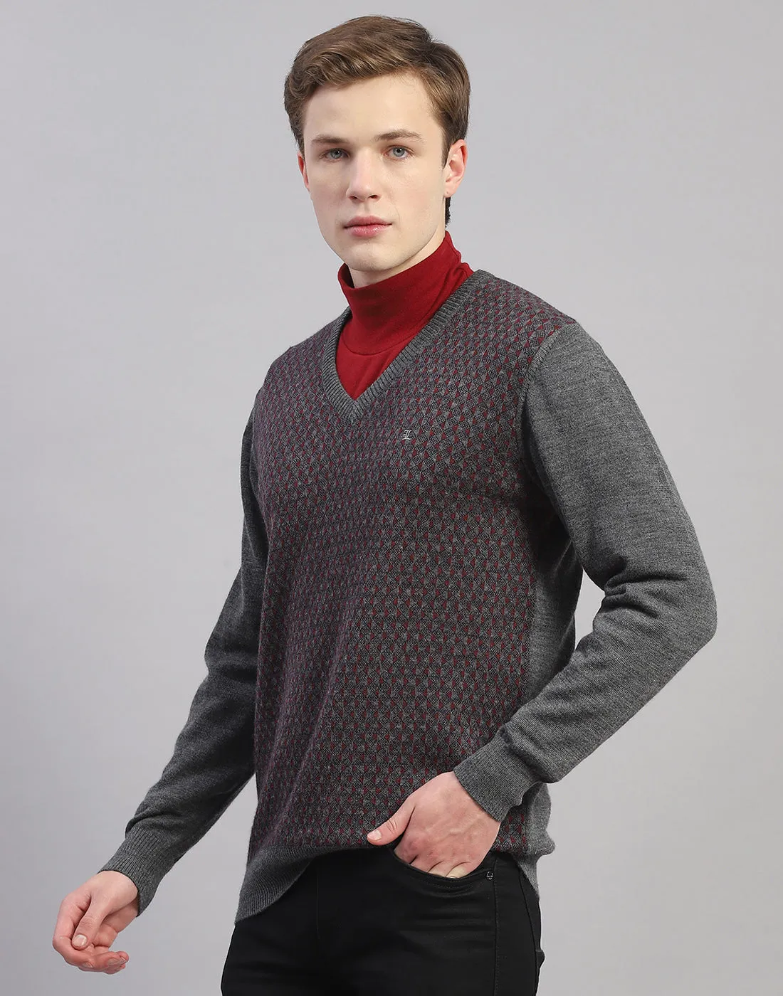 Men Grey Self Design V Neck Full Sleeve Pullover