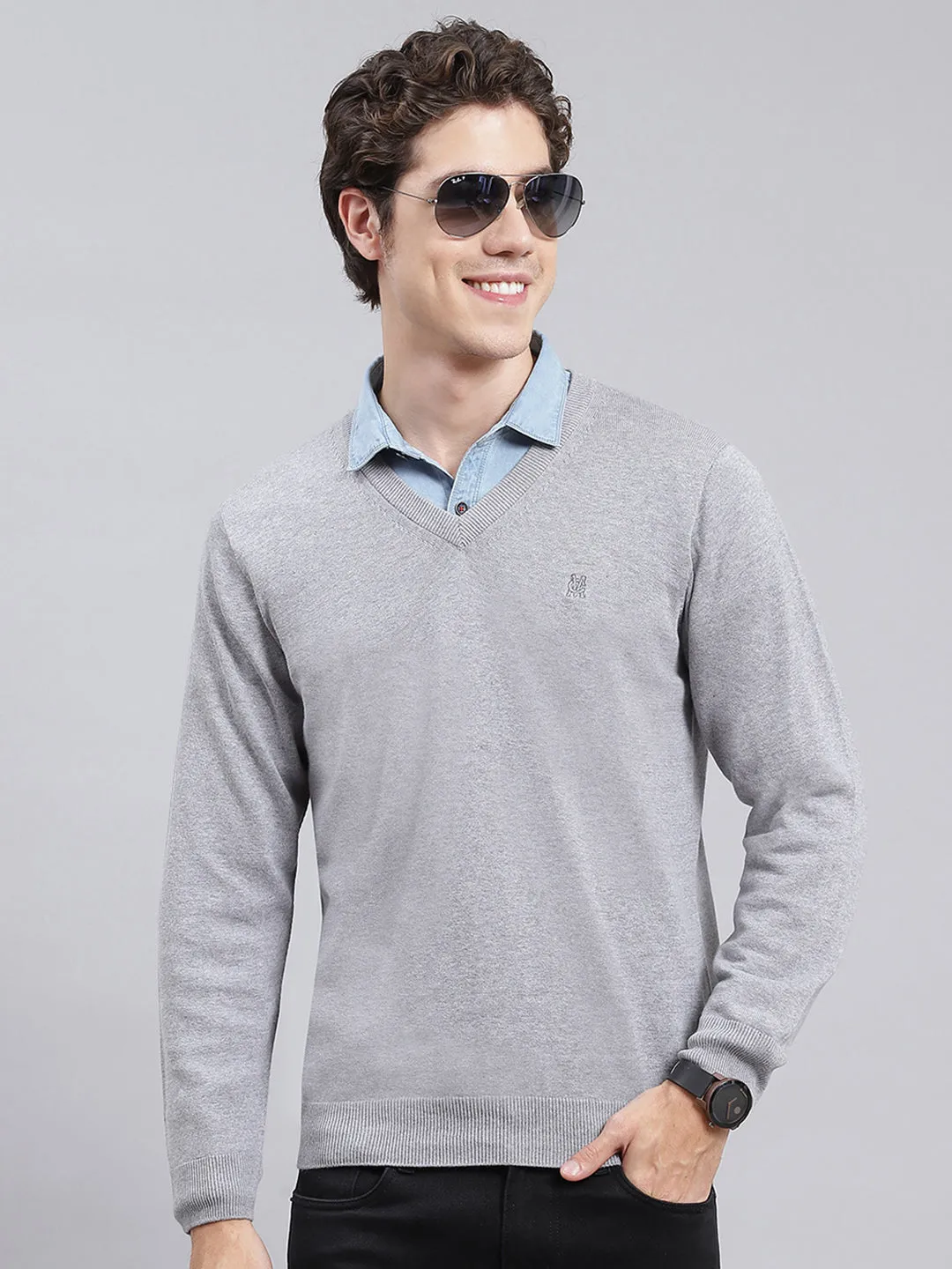 Men Grey Solid Cotton Pullover