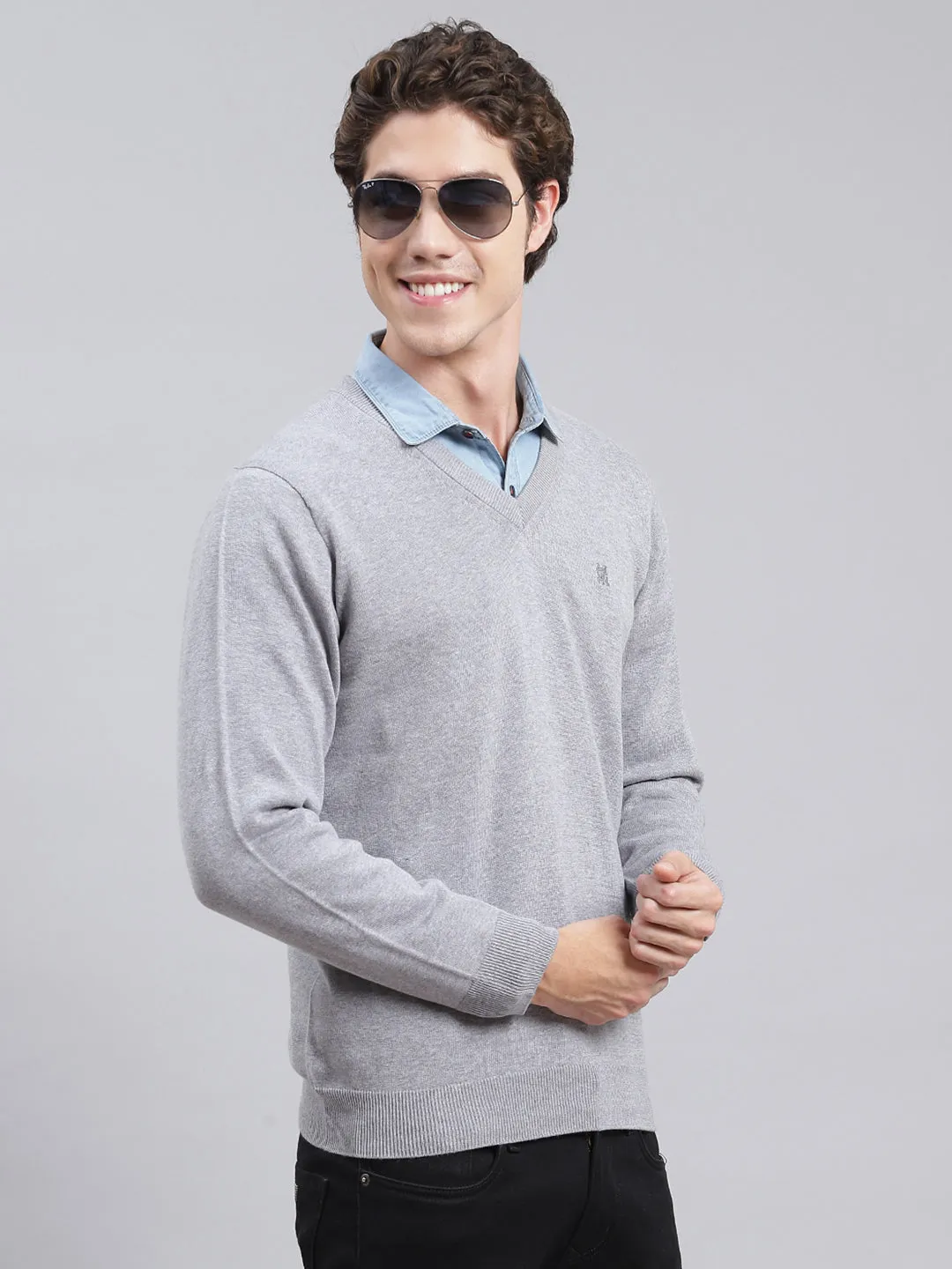 Men Grey Solid Cotton Pullover