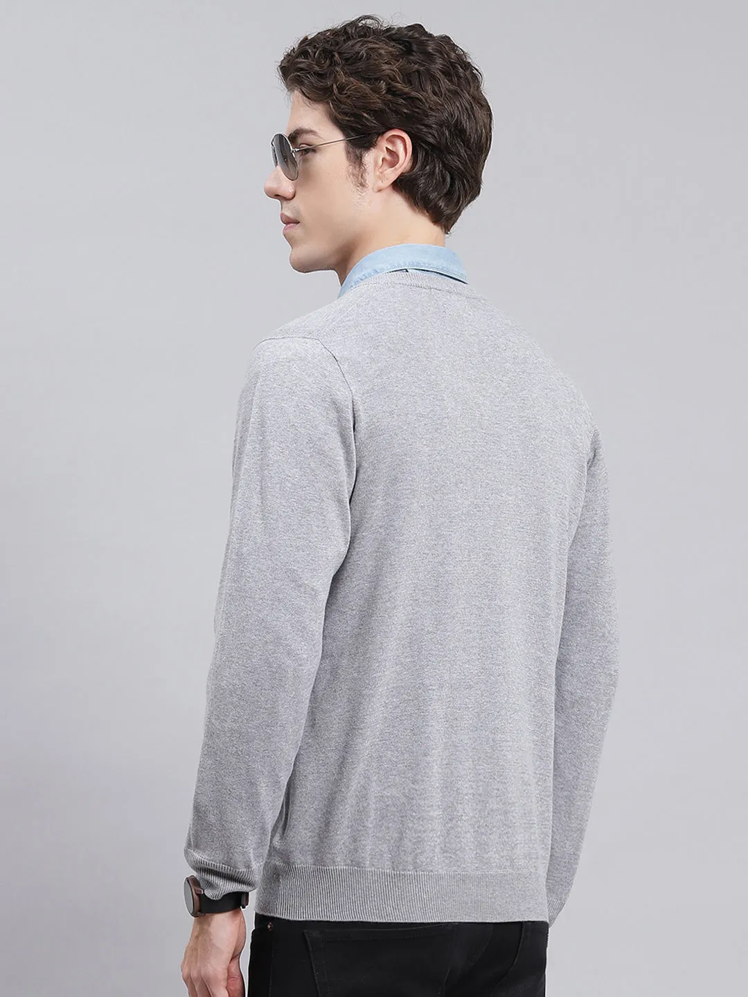 Men Grey Solid Cotton Pullover