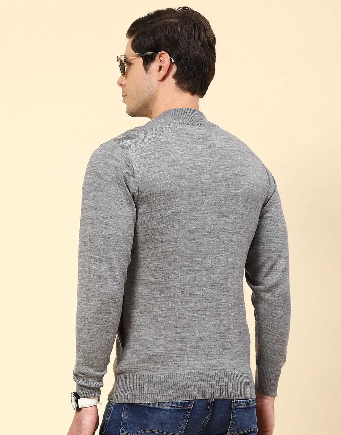 Men Grey Solid Stand Collar Full Sleeve Pullover