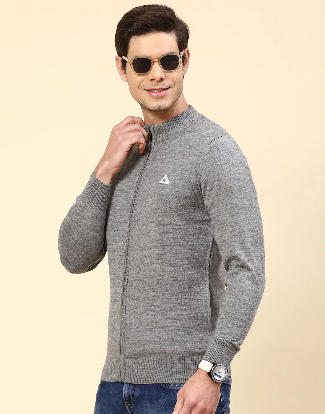 Men Grey Solid Stand Collar Full Sleeve Pullover