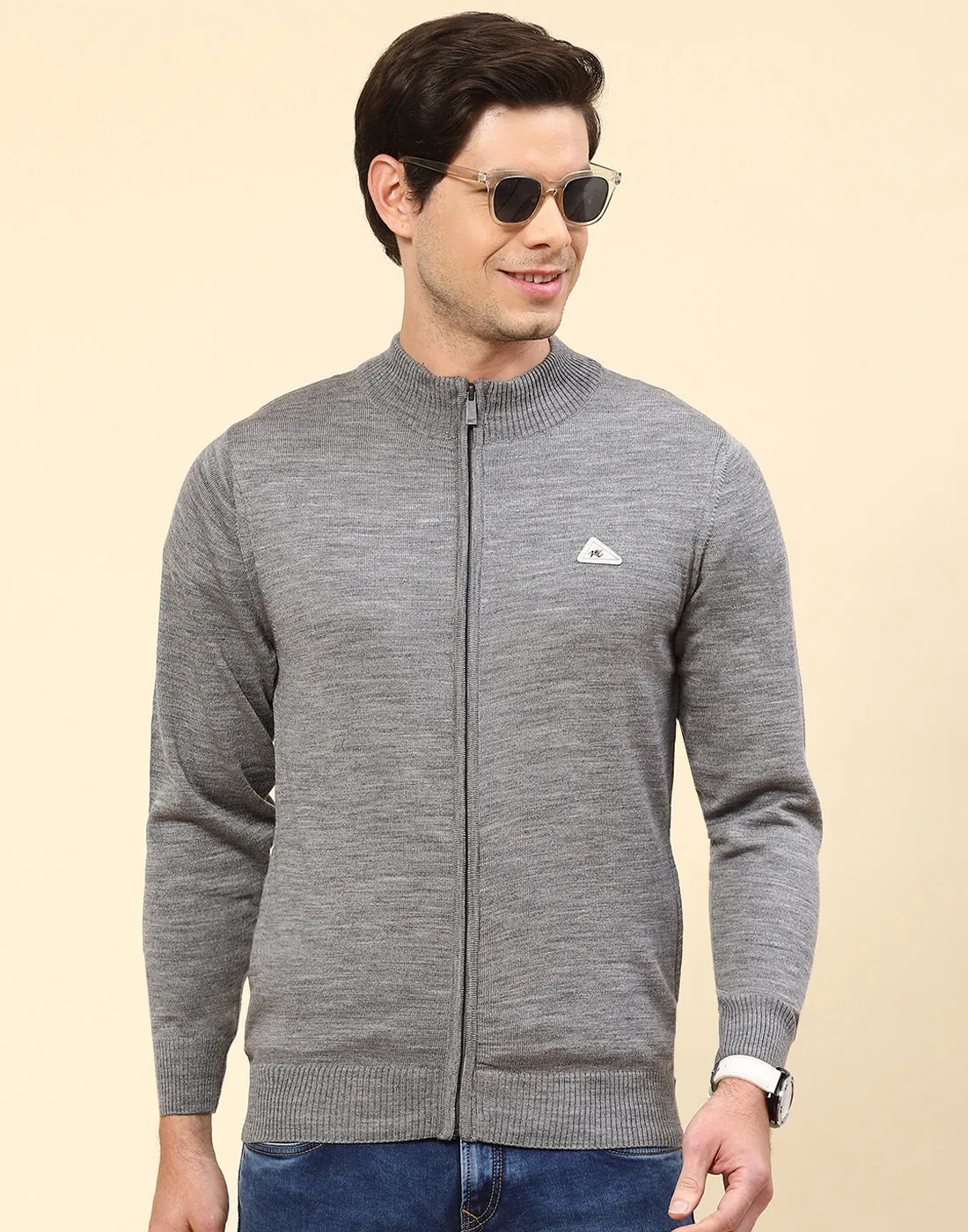 Men Grey Solid Stand Collar Full Sleeve Pullover