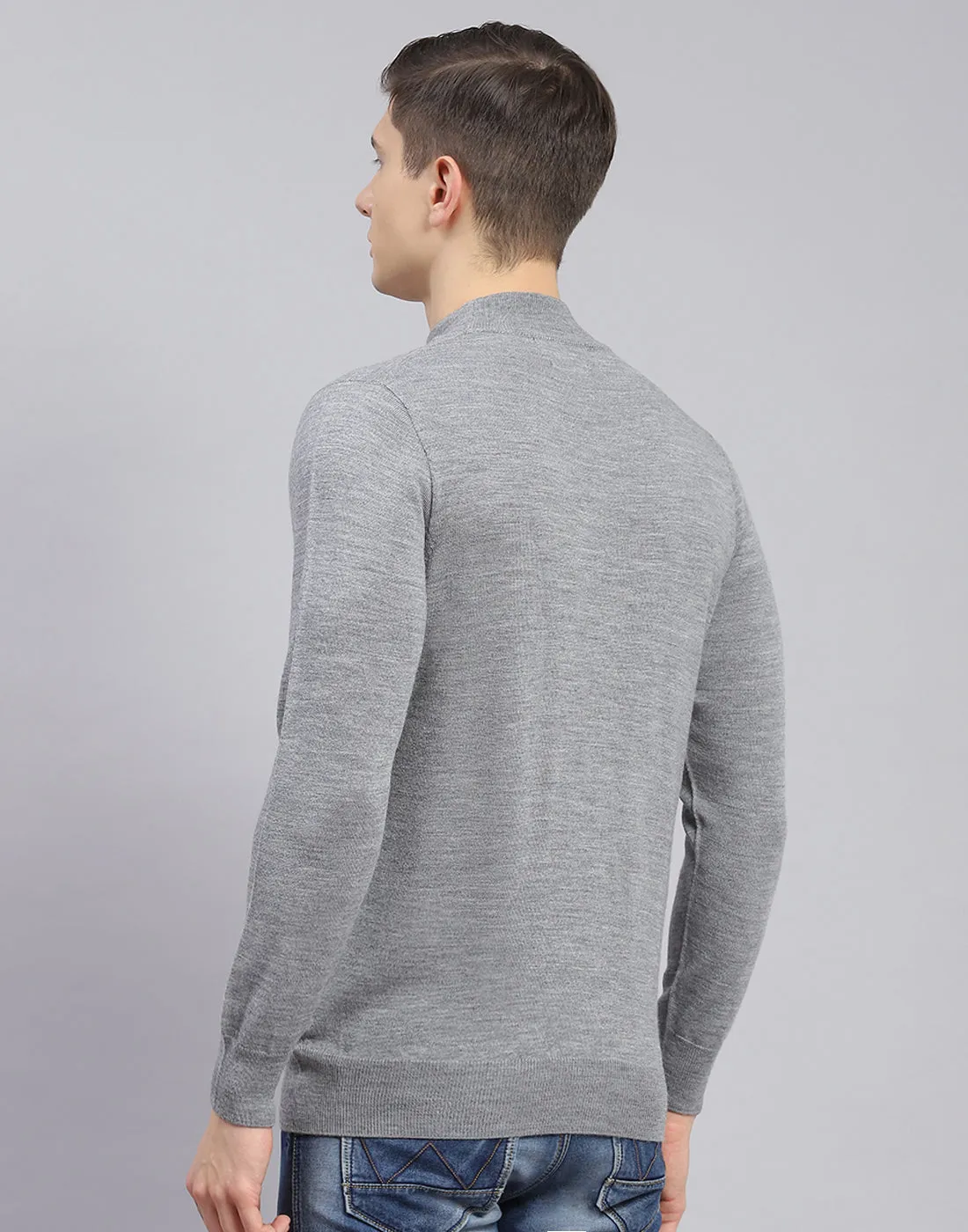 Men Grey Solid T Neck Full Sleeve Sweater