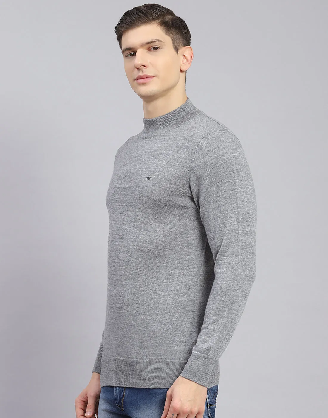 Men Grey Solid T Neck Full Sleeve Sweater