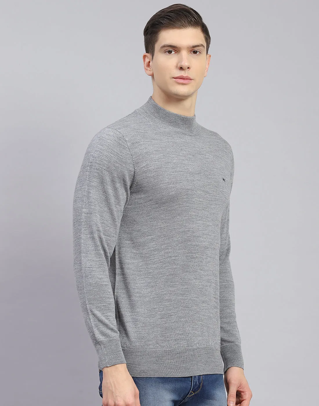 Men Grey Solid T Neck Full Sleeve Sweater