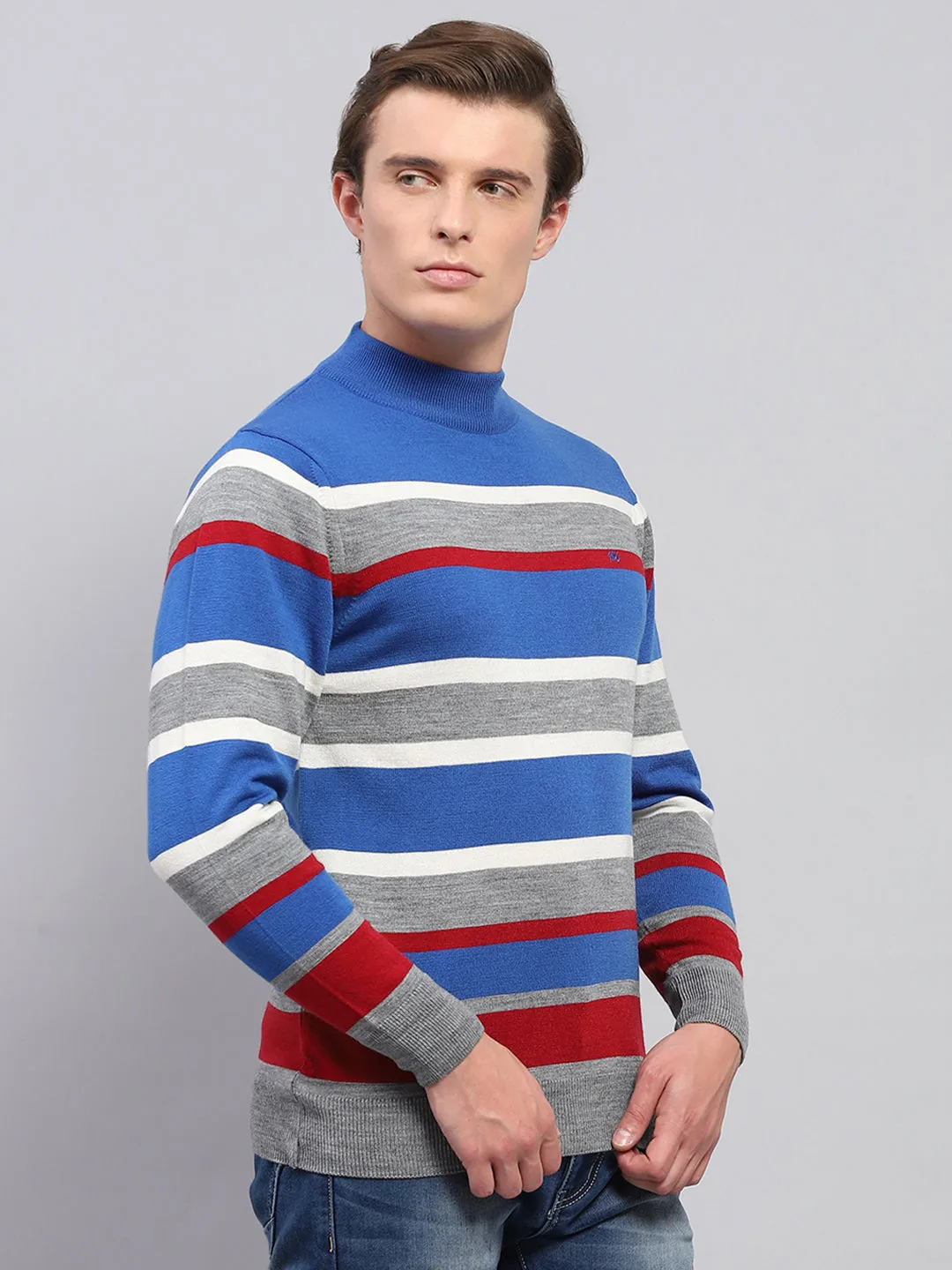 Men Grey Stripe High Neck Full Sleeve Pullover