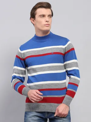 Men Grey Stripe High Neck Full Sleeve Pullover