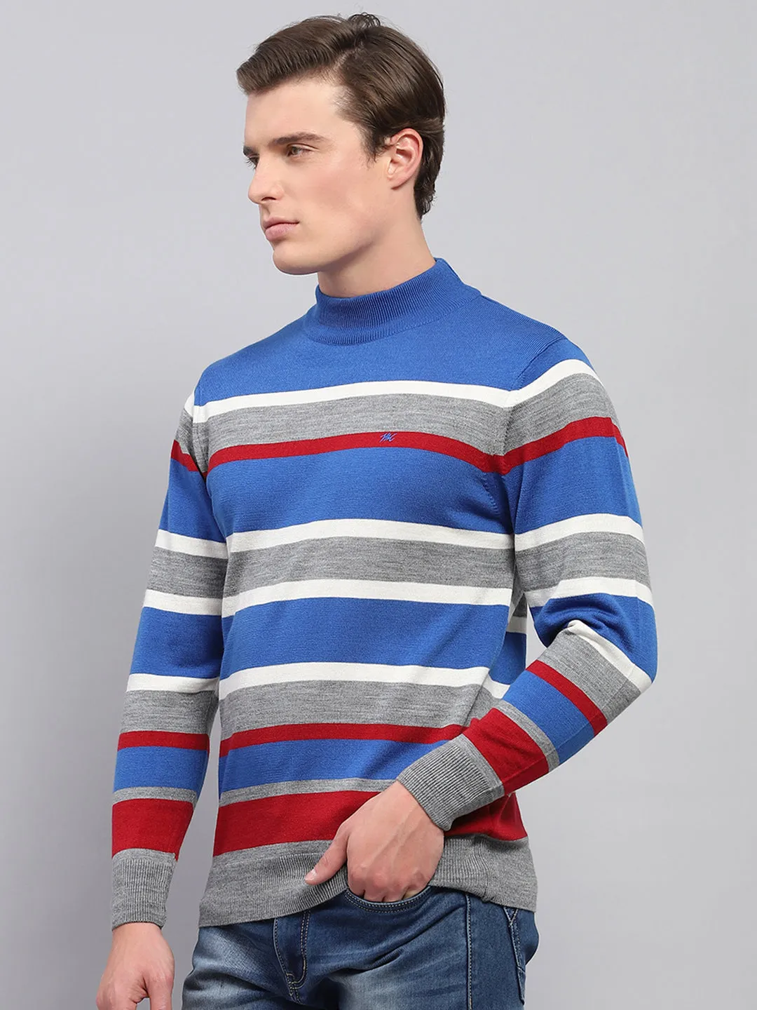 Men Grey Stripe High Neck Full Sleeve Pullover