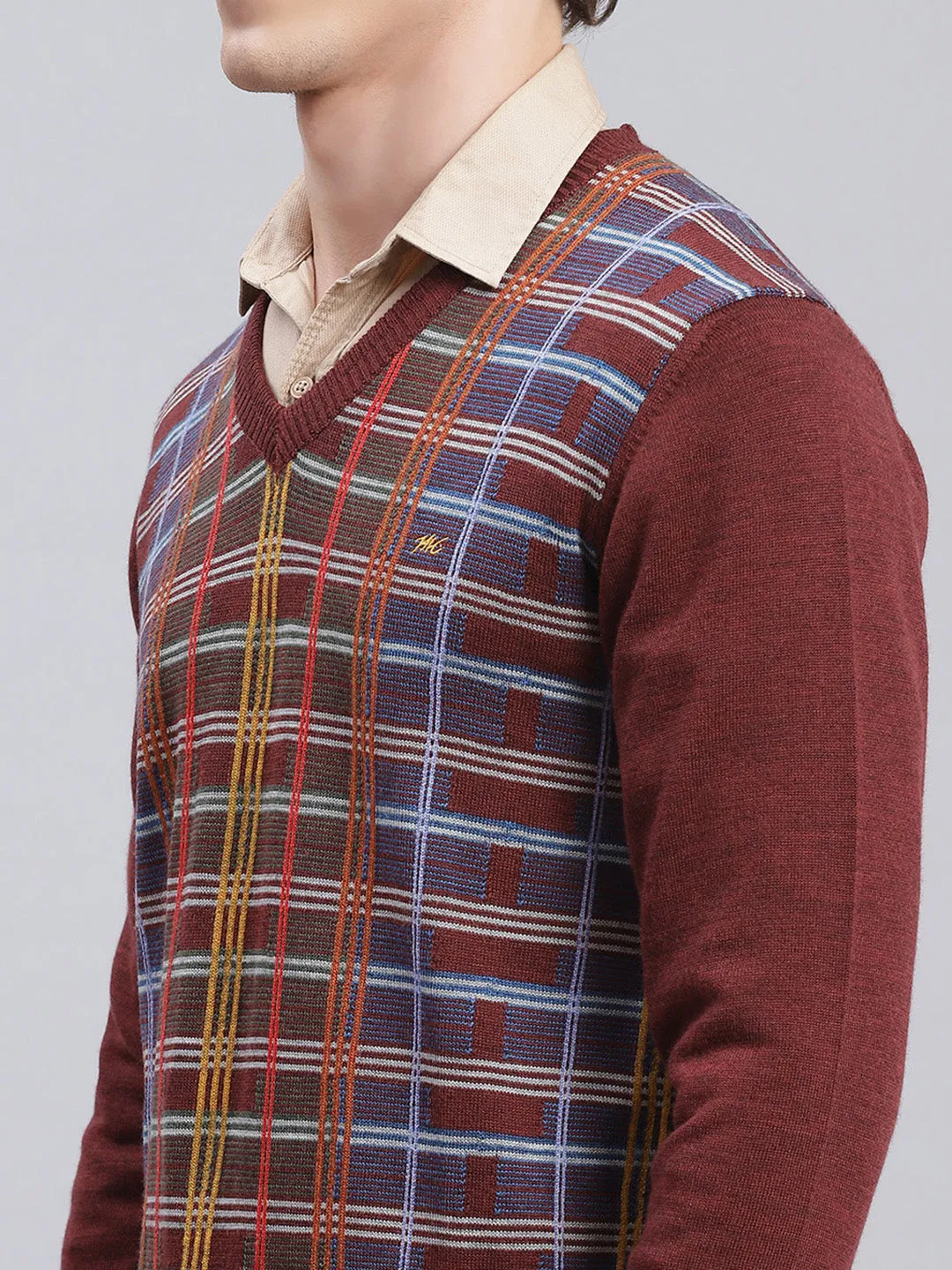 Men Maroon Printed Wool blend Pullover