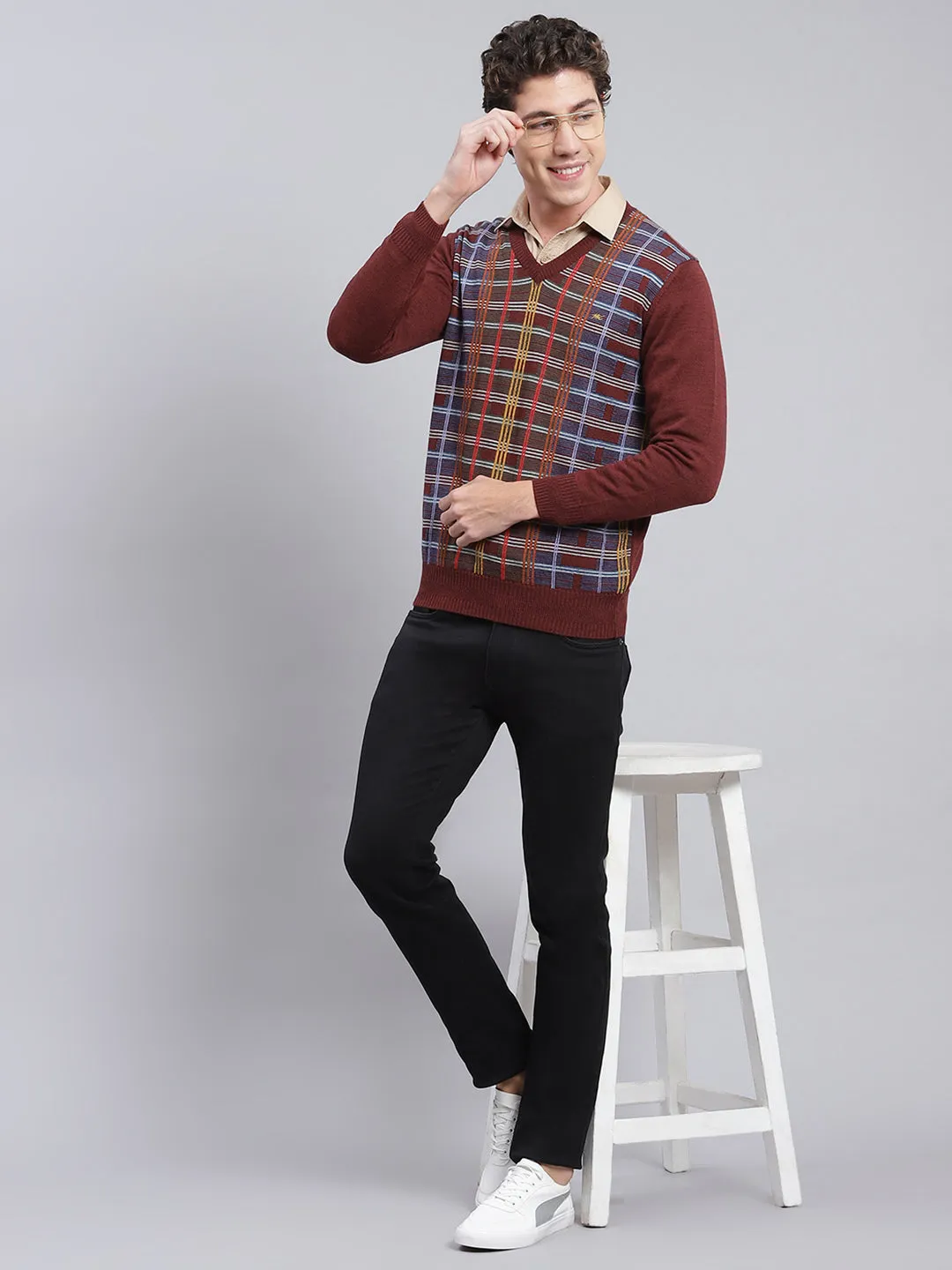 Men Maroon Printed Wool blend Pullover