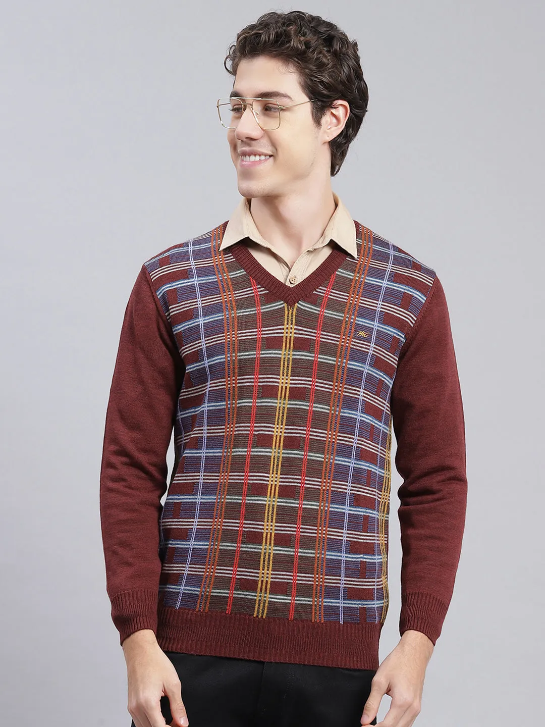 Men Maroon Printed Wool blend Pullover