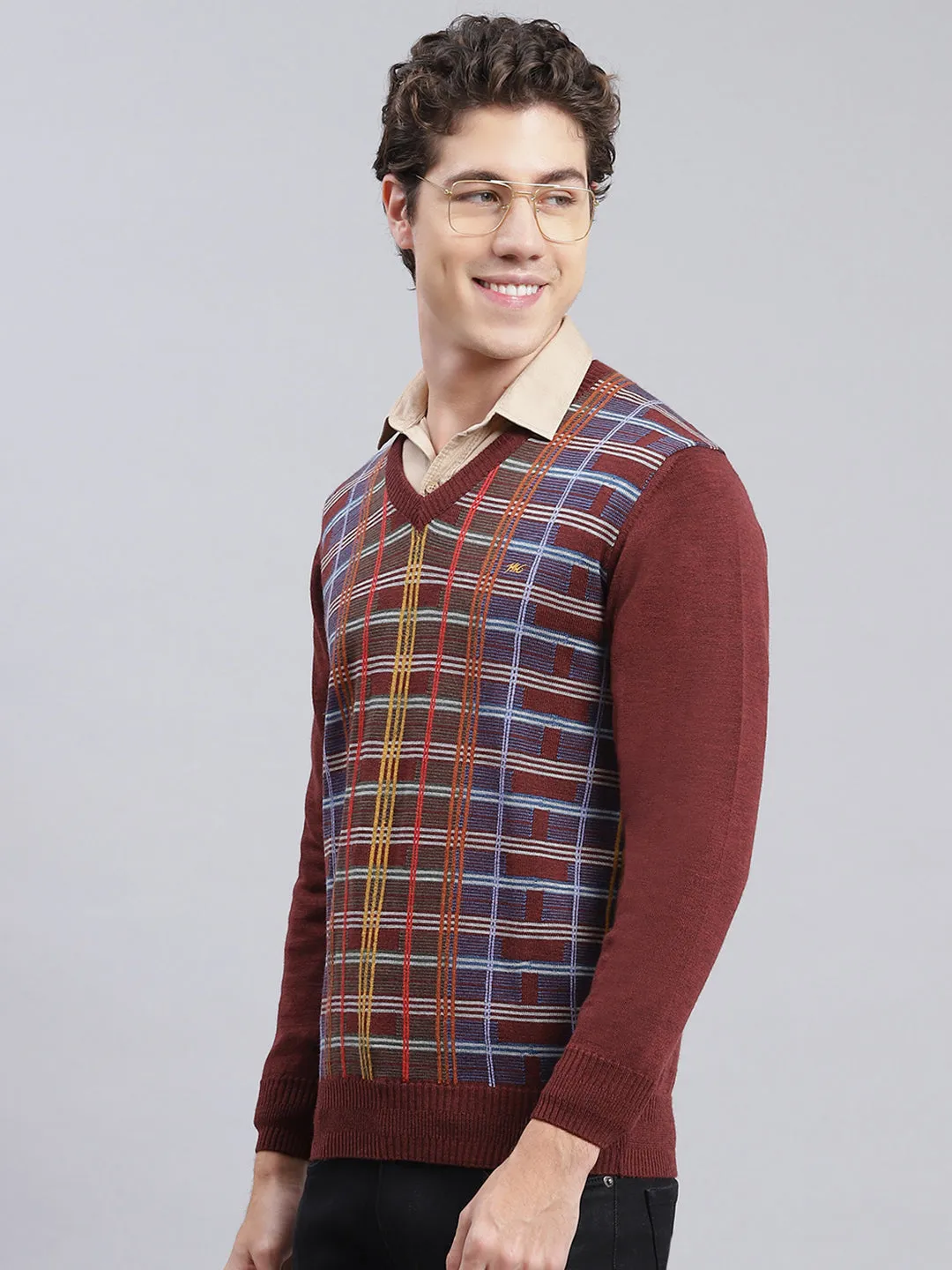 Men Maroon Printed Wool blend Pullover