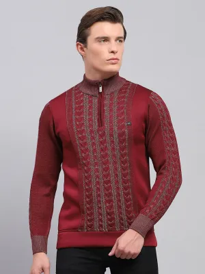 Men Maroon Self Design Mock Neck Full Sleeve Pullover