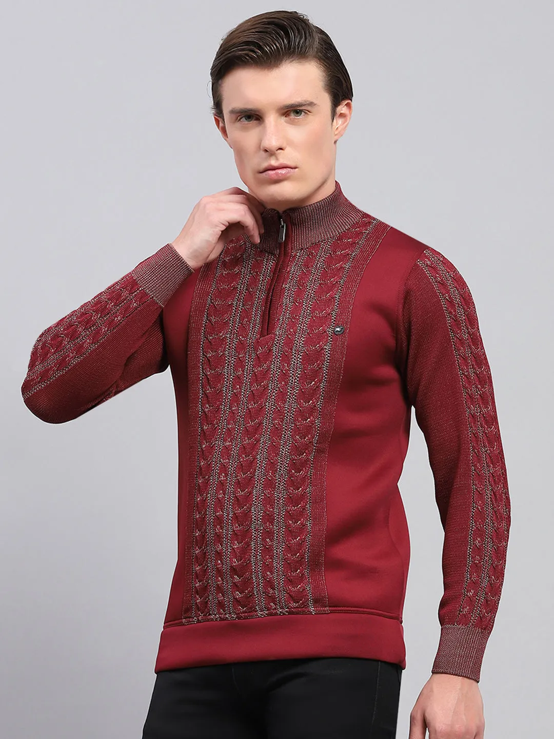 Men Maroon Self Design Mock Neck Full Sleeve Pullover