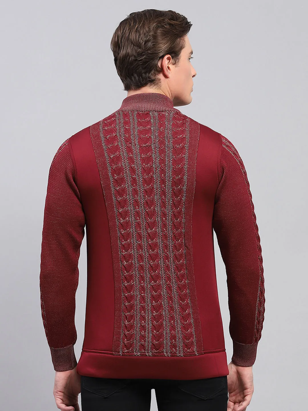 Men Maroon Self Design Mock Neck Full Sleeve Pullover