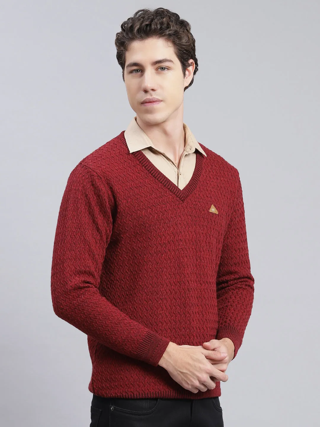 Men Maroon Self Design Pure wool Pullover