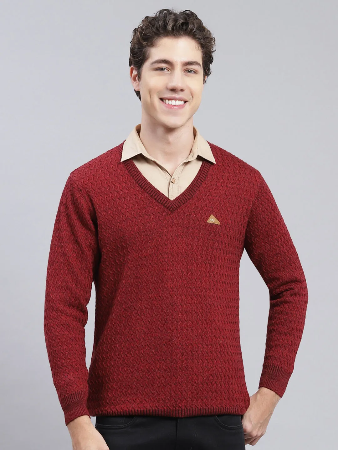 Men Maroon Self Design Pure wool Pullover