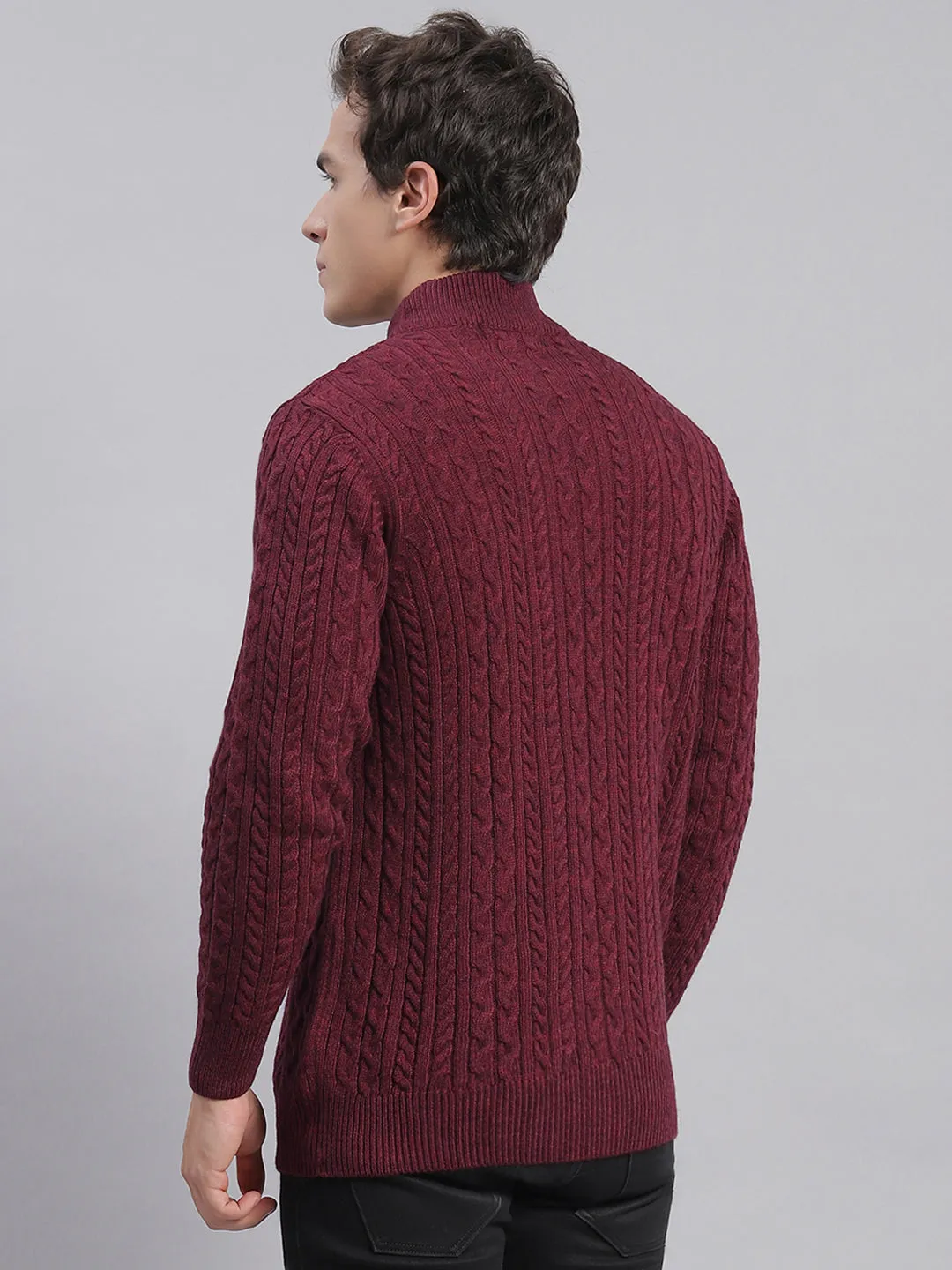 Men Maroon Self Design T Neck Full Sleeve Sweaters/Pullovers