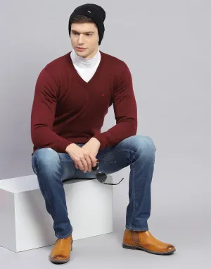 Men Maroon Solid V Neck Full Sleeve Sweater