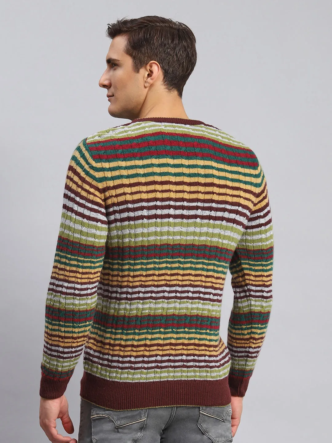 Men Maroon Stripe Lamb wool Pullover