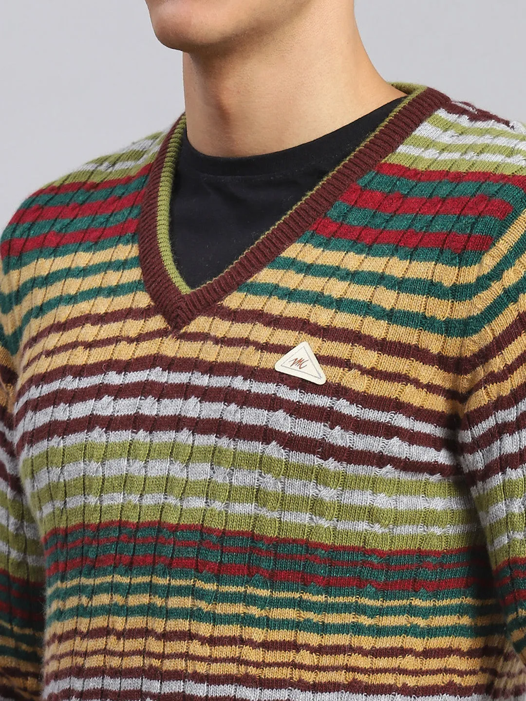 Men Maroon Stripe Lamb wool Pullover